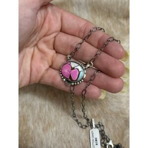Native American SW Sterling Silver Cotton Candy Turquoise Oval Bar Necklace